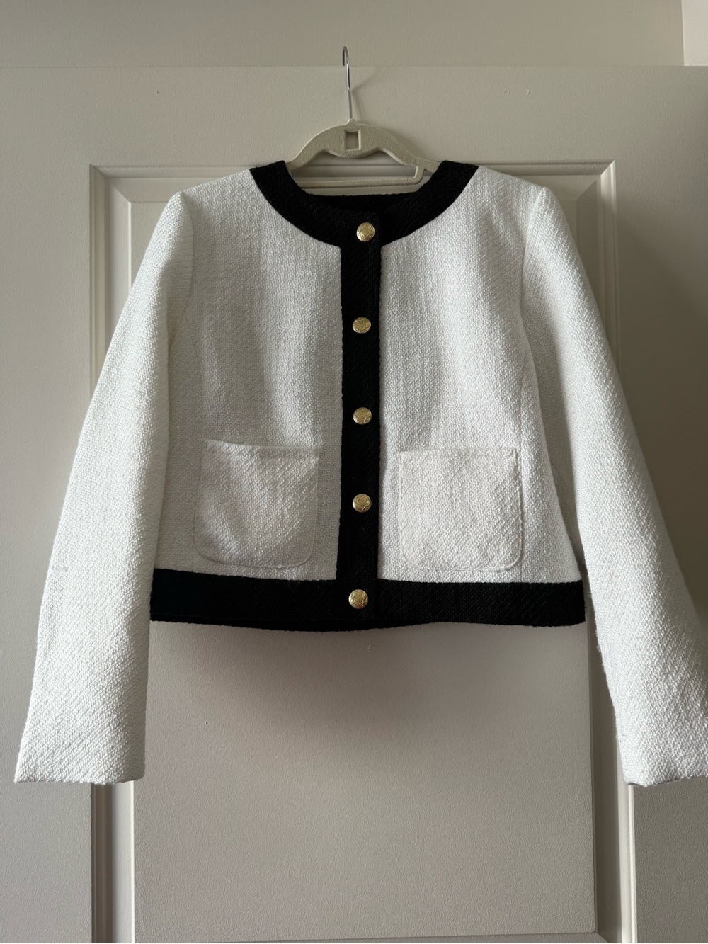 J Crew Classic White Textured Jacket with Black Trim